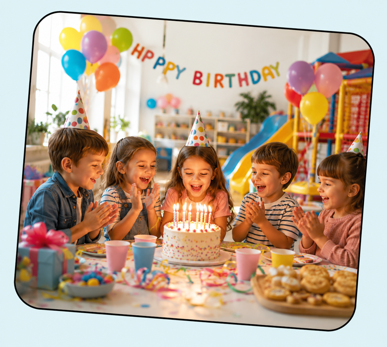 Bambini che festeggiano un compleanno con torta e cappellini in una sala feste